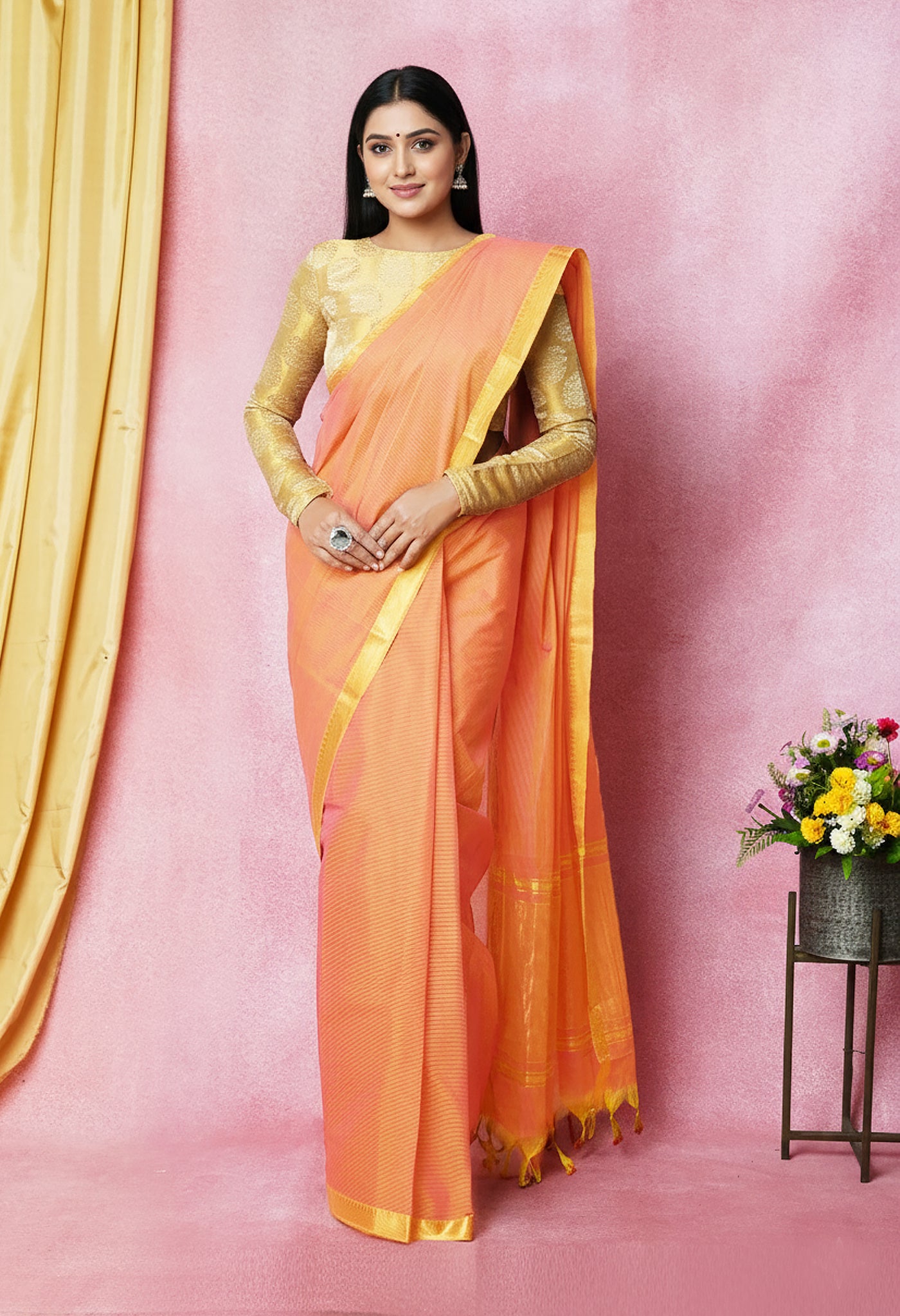 Orange Pure Plain Pavani Mangalgiri Cotton Saree-UNM83171
