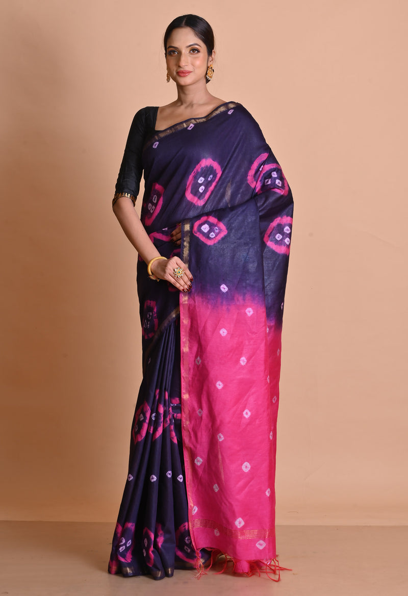 Navy Blue-Pink   Shibori Chanderi Sico Saree-UNM69334