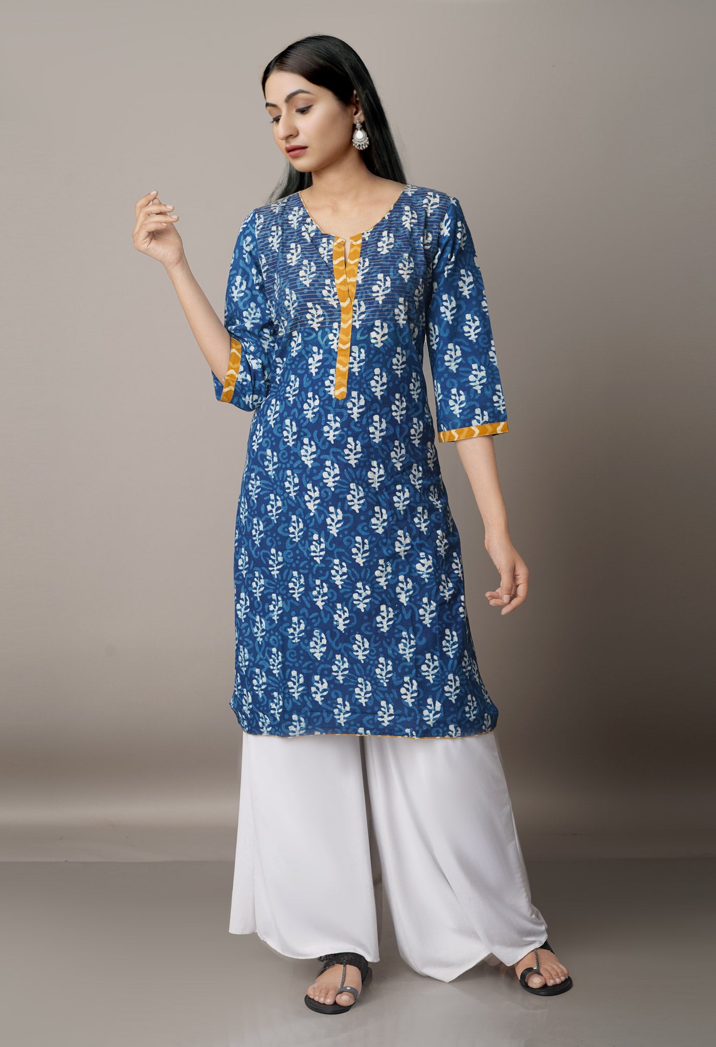 Navy Blue Cotton Dabu Printed Kurta-PKK1445