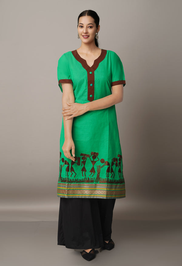 PKK1570-Sloka Weaves Green Pure Mangalagiri Cotton Kurti