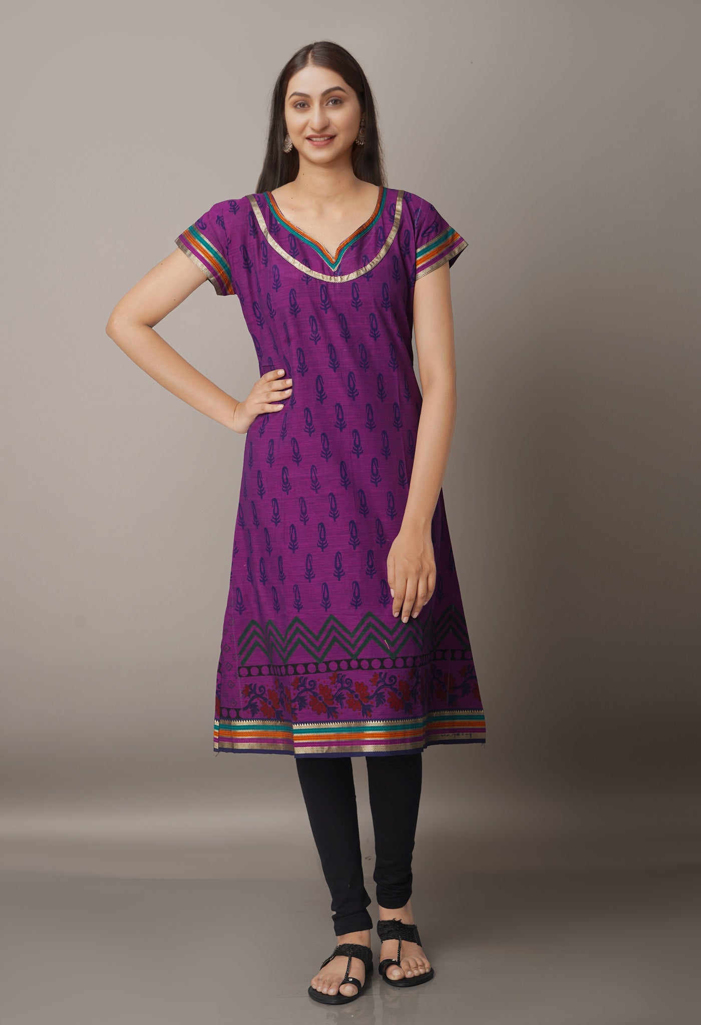 Purple Pure Block Printed Cotton Kurta-PKK1635-M