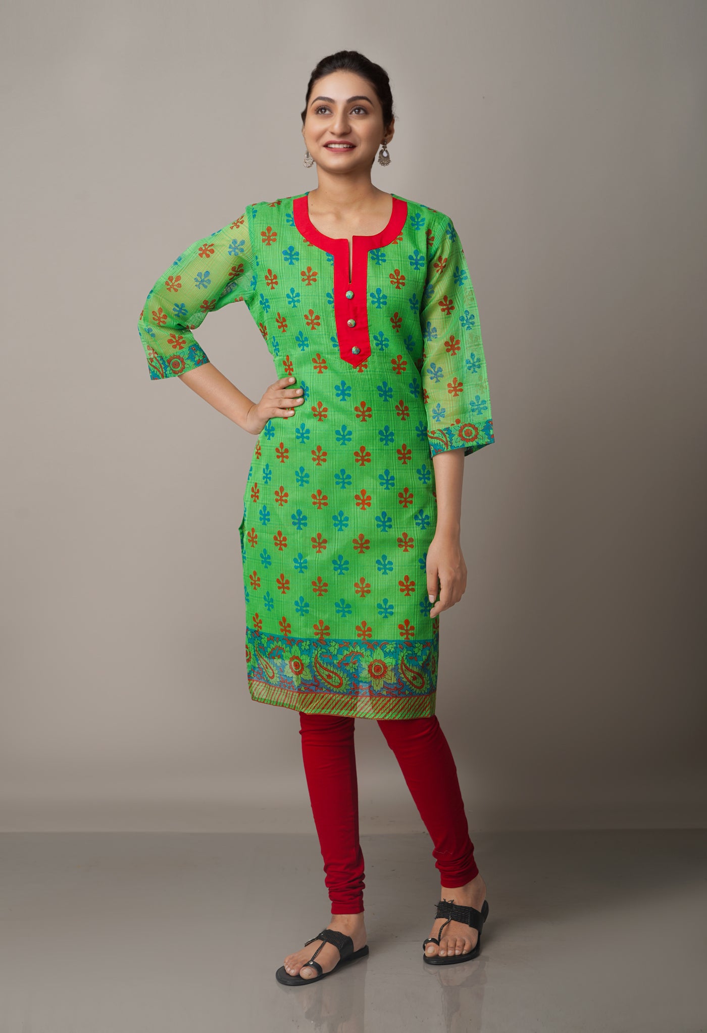 Green Pure Block Printed Cotton Silk Kurta-PKK1637-L