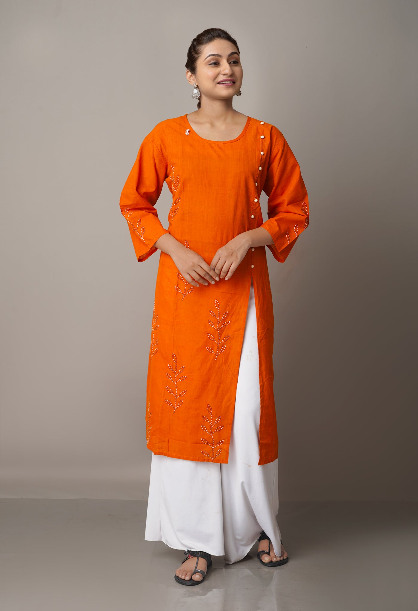 Orange Pure Rajasthani Cotton Front-Slit Kurta-PKK1743