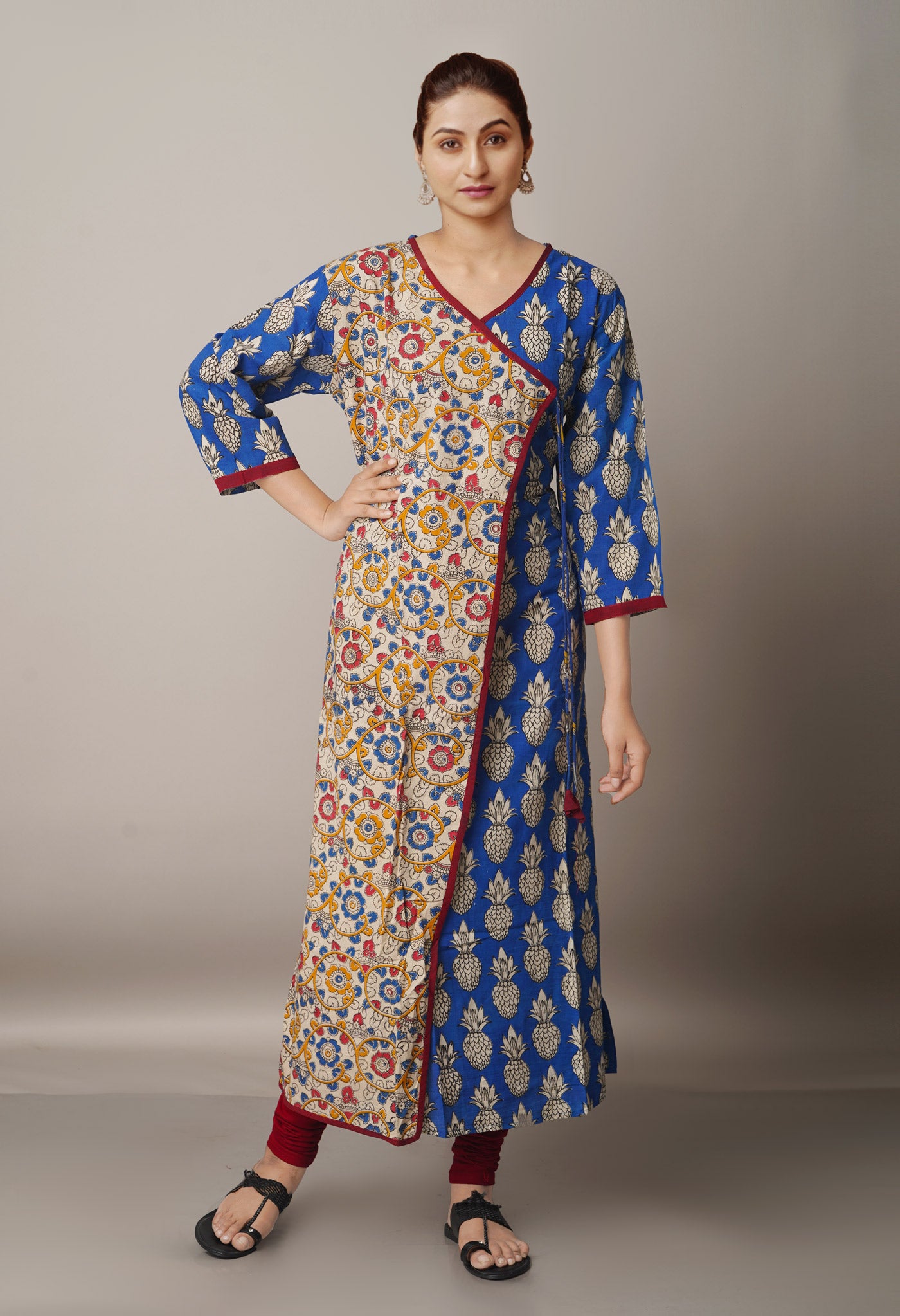 PKK1755-Cream-Blue Pure Kalamkari Cotton Long Kurta