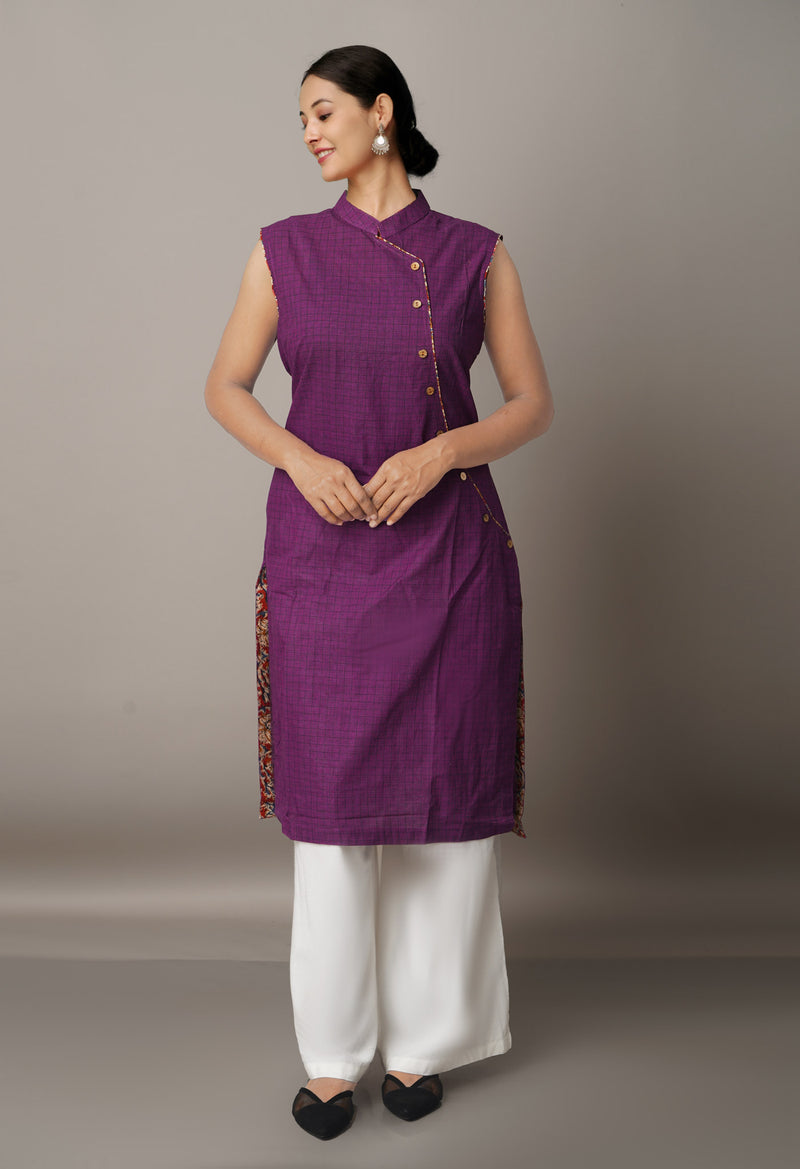 PKK463-Pracheen Kala Purple Cotton Kurta with Attachable Short Sleeves