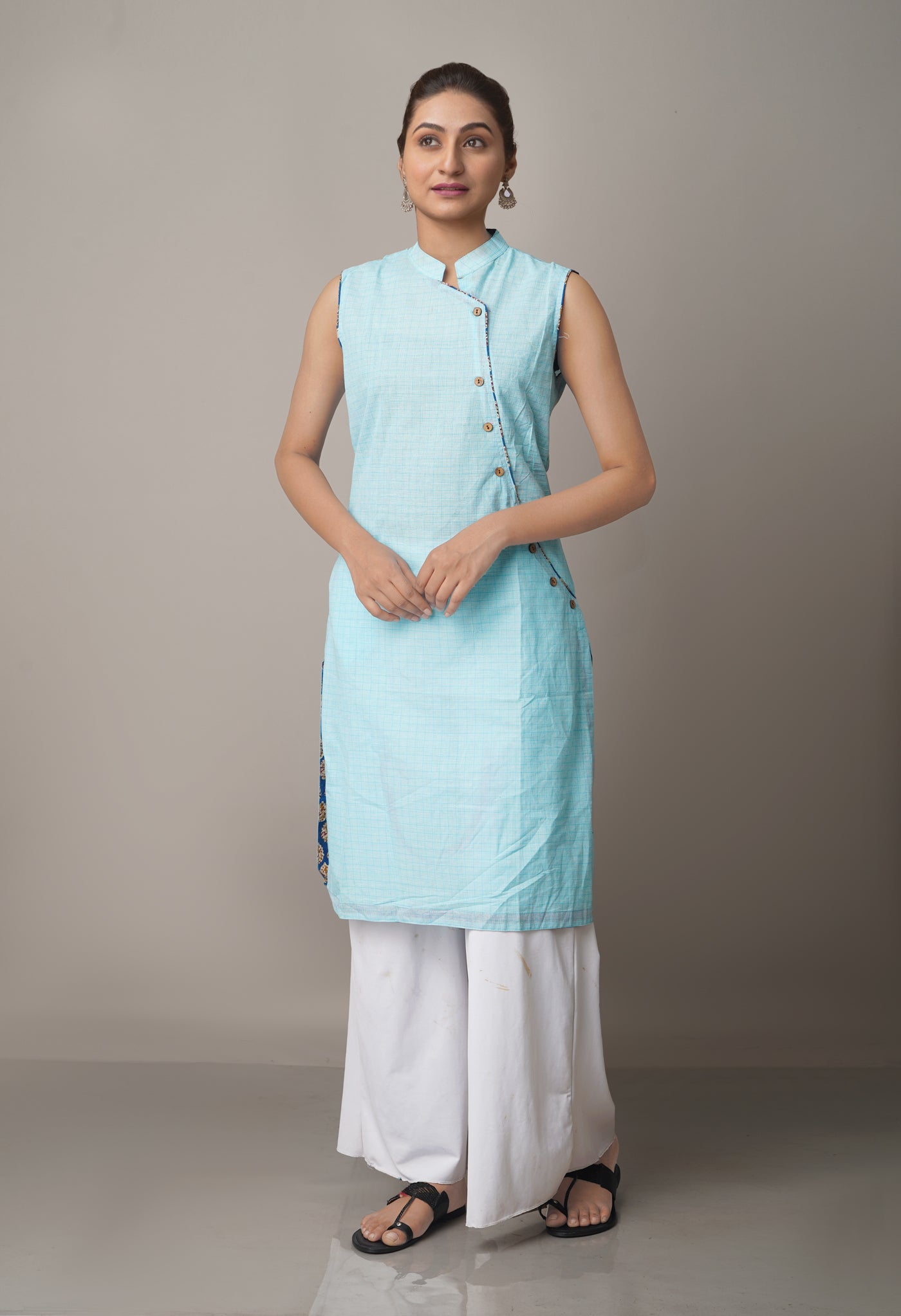 PKK464-Pracheen Kala blue cotton Kurta with attachable short sleeves