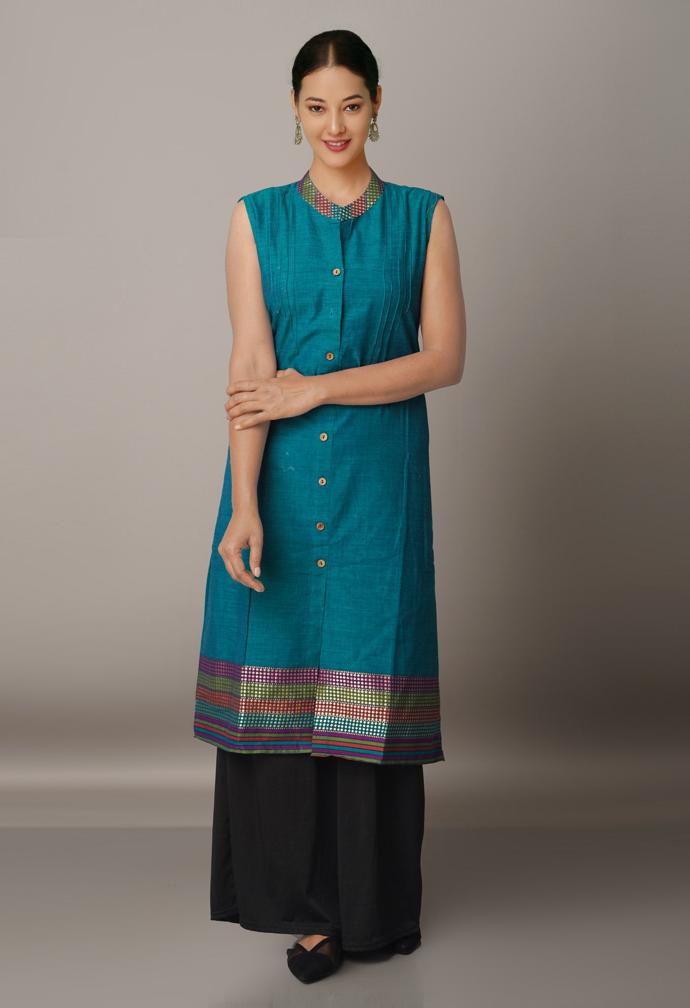 PKK465-Pracheen Kala green Narayanpet cotton Kurta with attachable short sleeves