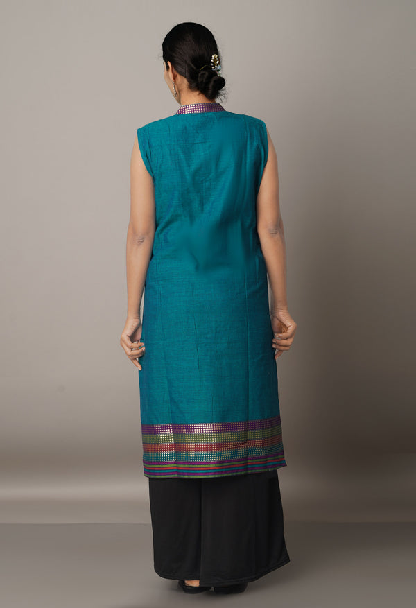 PKK465-Pracheen Kala green Narayanpet cotton Kurta with attachable short sleeves