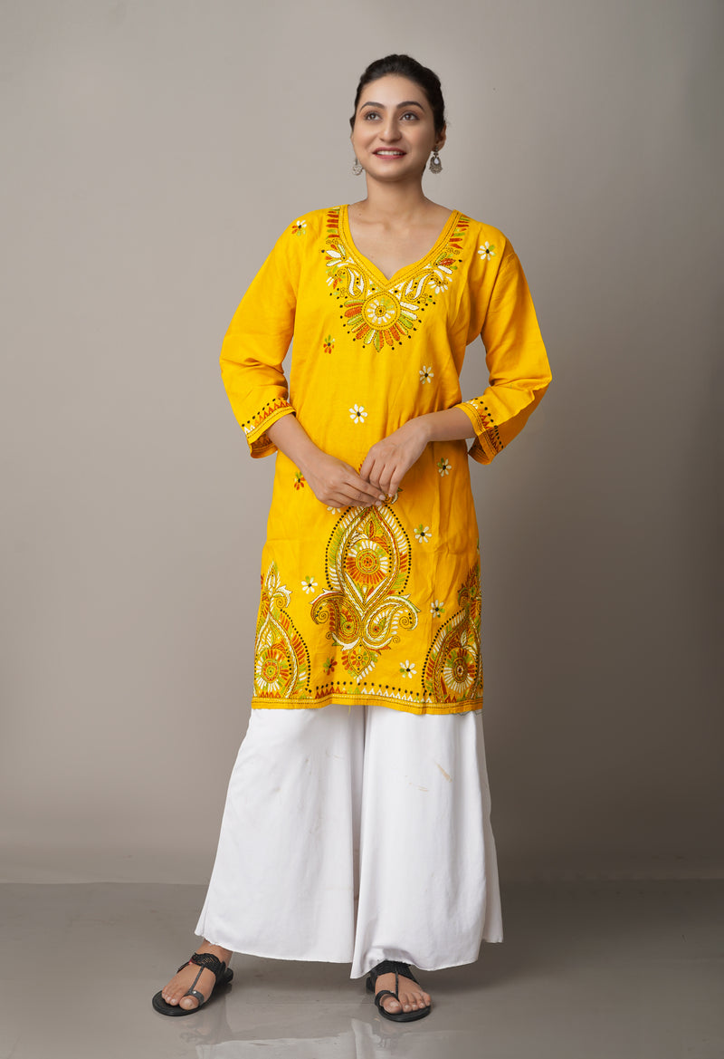 PKK696-Pracheen kala yellow Bengal cotton kurti
