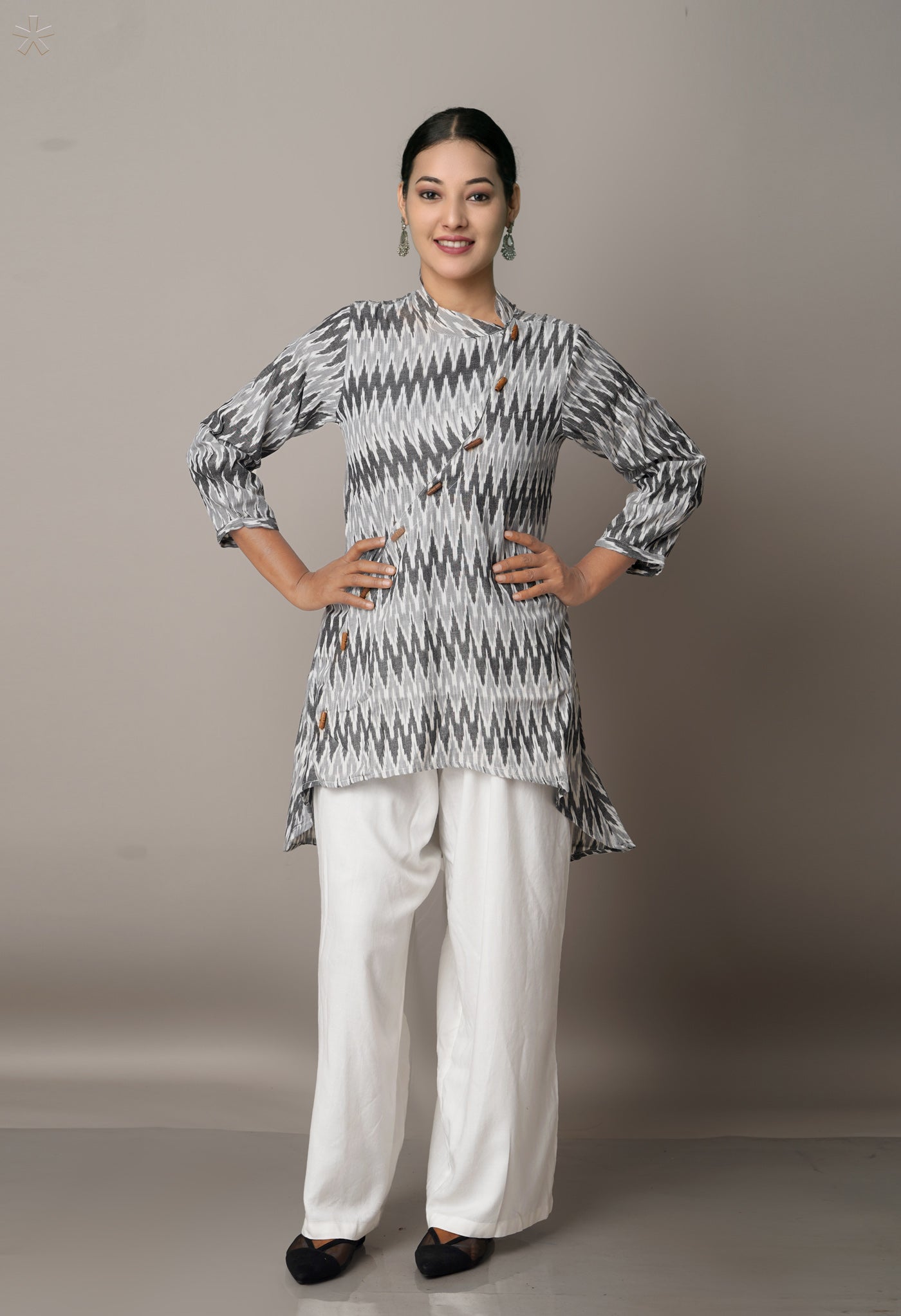 Grey Pure Handloom Pochampally Cotton Kurti-PKK1738