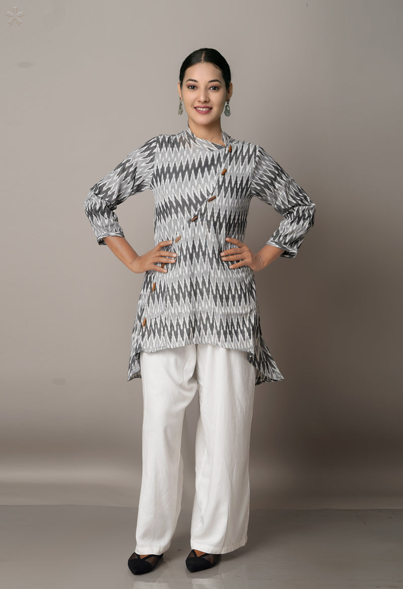 Grey Pure Handloom Pochampally Cotton Kurti-PKK1738