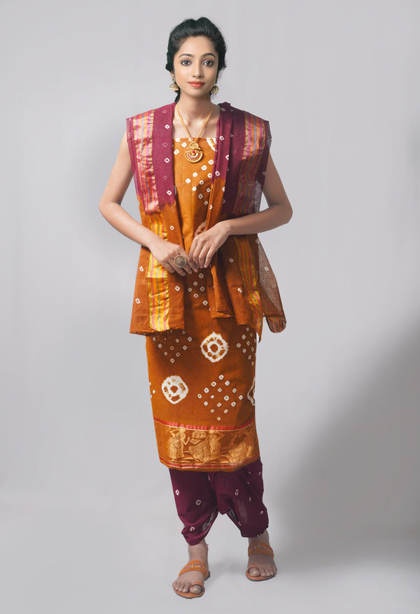 Unstitched Ochre-Dark Purple Pure Bandhani Cotton Salwar Kameez –PR8821