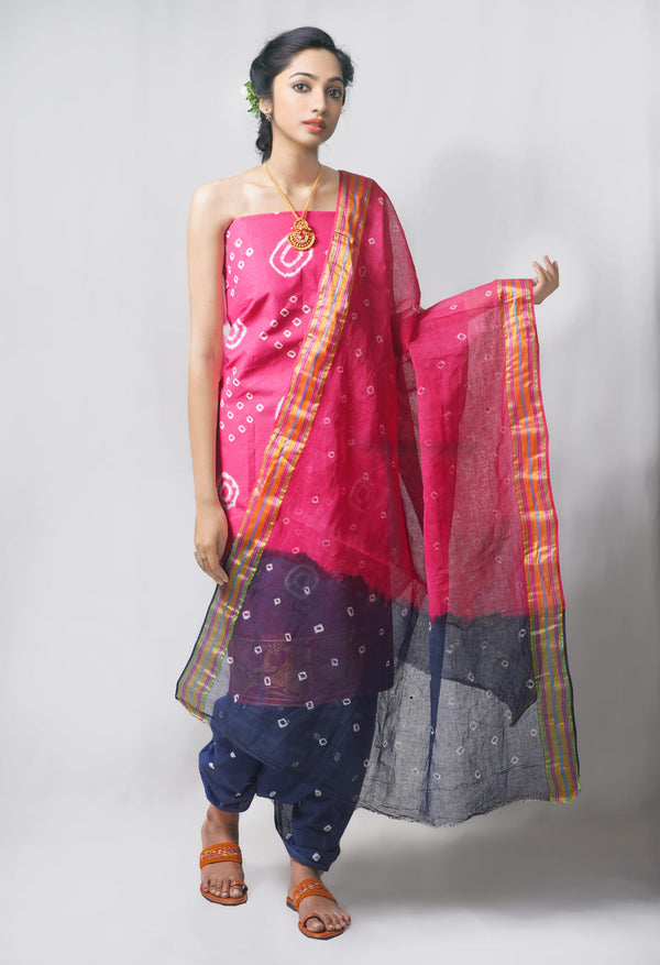 Unstitched Pink-Teal Pure Bandhani Cotton Salwar Kameez –PR8822