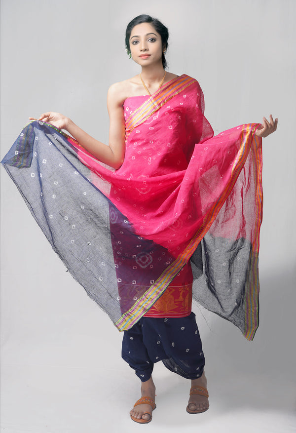 Unstitched Pink-Teal Pure Bandhani Cotton Salwar Kameez –PR8822