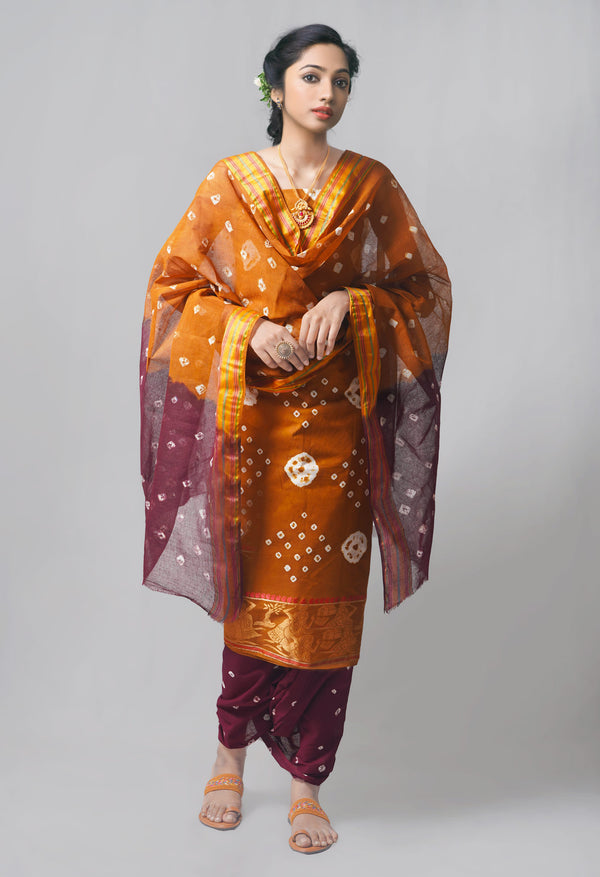 Unstitched Ochre-Dark Purple Pure Bandhani Cotton Salwar Kameez –PR8823