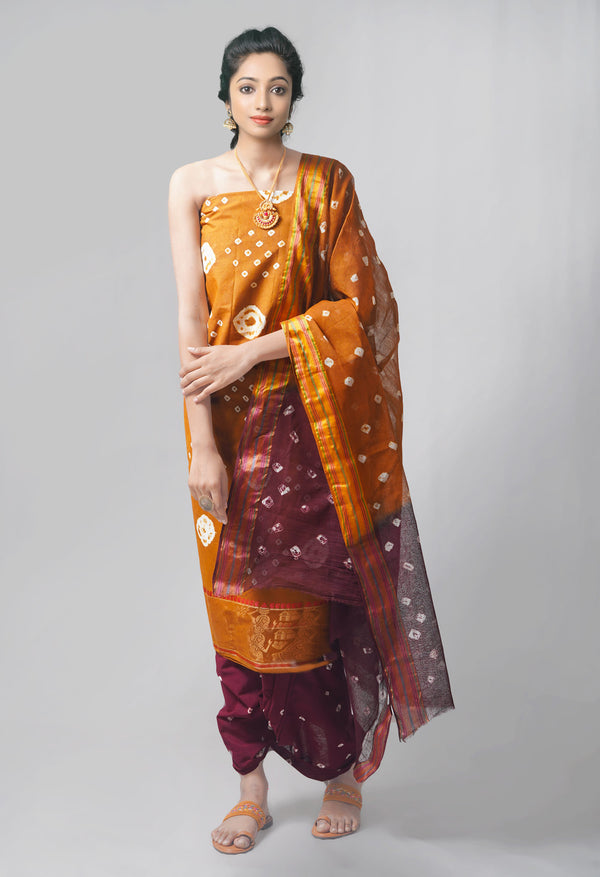 Unstitched Ochre-Dark Purple Pure Bandhani Cotton Salwar Kameez –PR8823