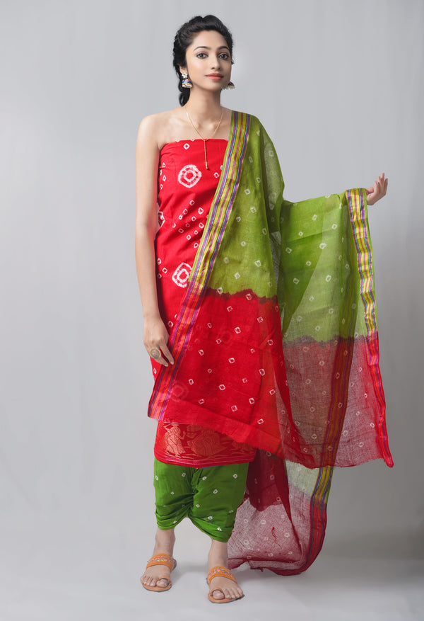 Unstitched Red-Green Pure Bandhani Cotton Salwar Kameez –PR8824