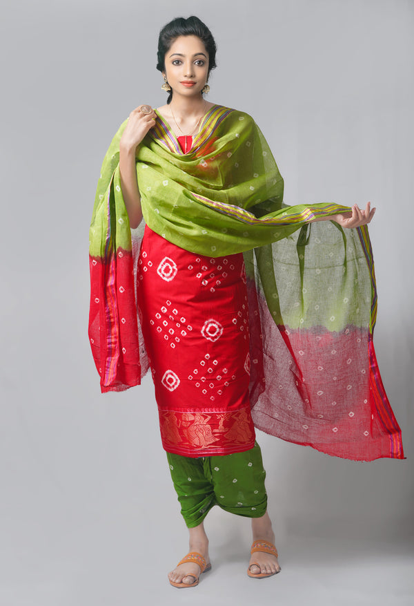 Unstitched Red-Green Pure Bandhani Cotton Salwar Kameez –PR8824