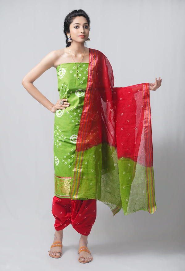 Unstitched Green-Red Pure Bandhani Cotton Salwar Kameez –PR8825