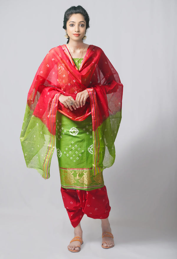 Unstitched Green-Red Pure Bandhani Cotton Salwar Kameez –PR8825