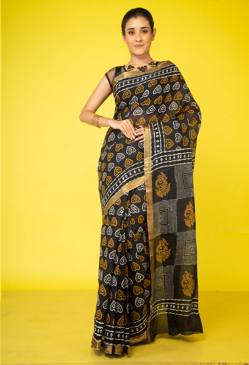 Black Pure Preet Block Printed Mulmul Cotton Saree-UNM49963