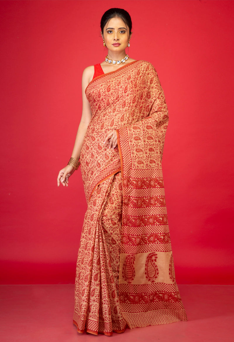 Brown Pure Block Printed Mulmul Cotton Saree