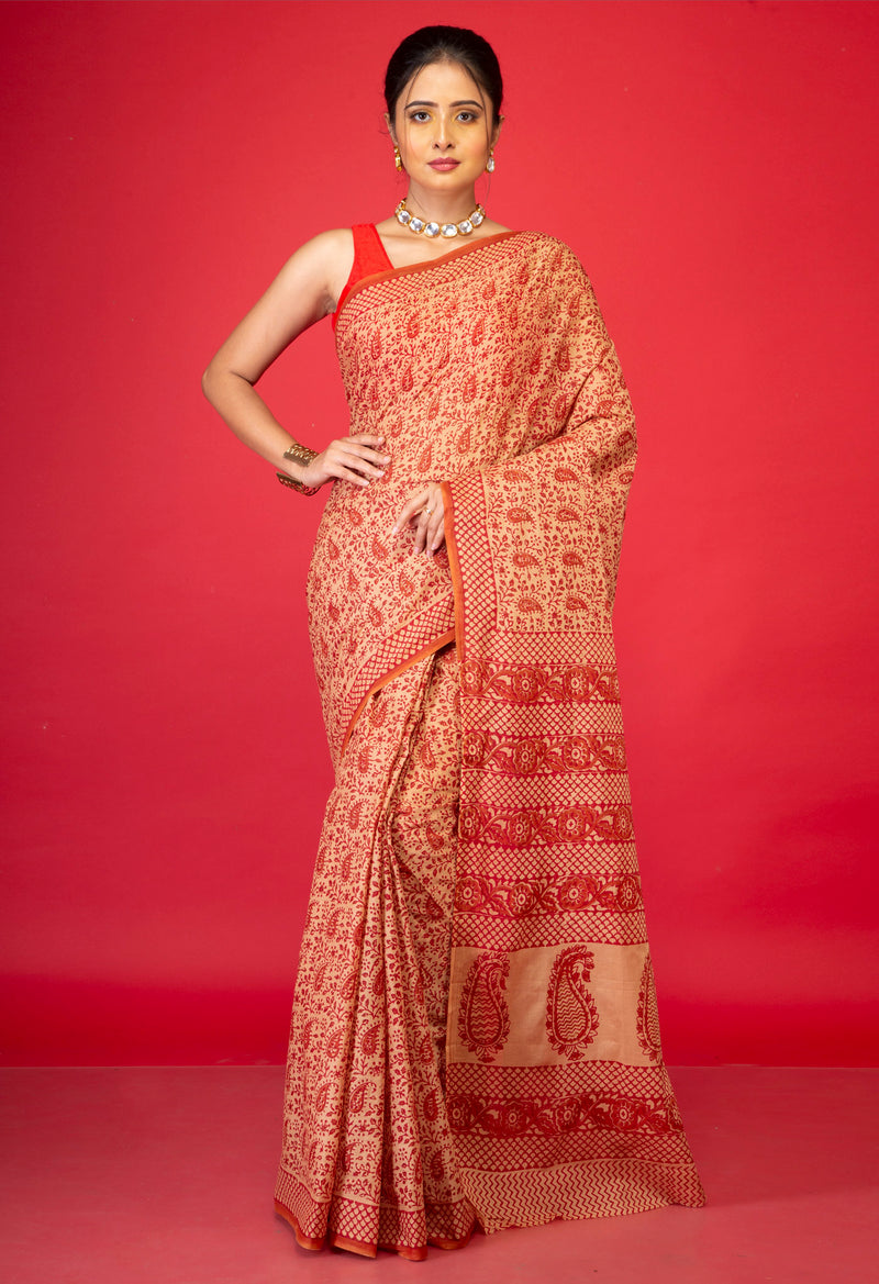 Brown Pure Block Printed Mulmul Cotton Saree