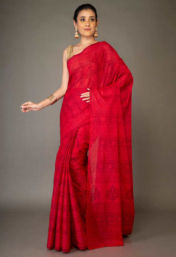Red Pure Block Printed Mulmul Cotton Saree-UNM59811
