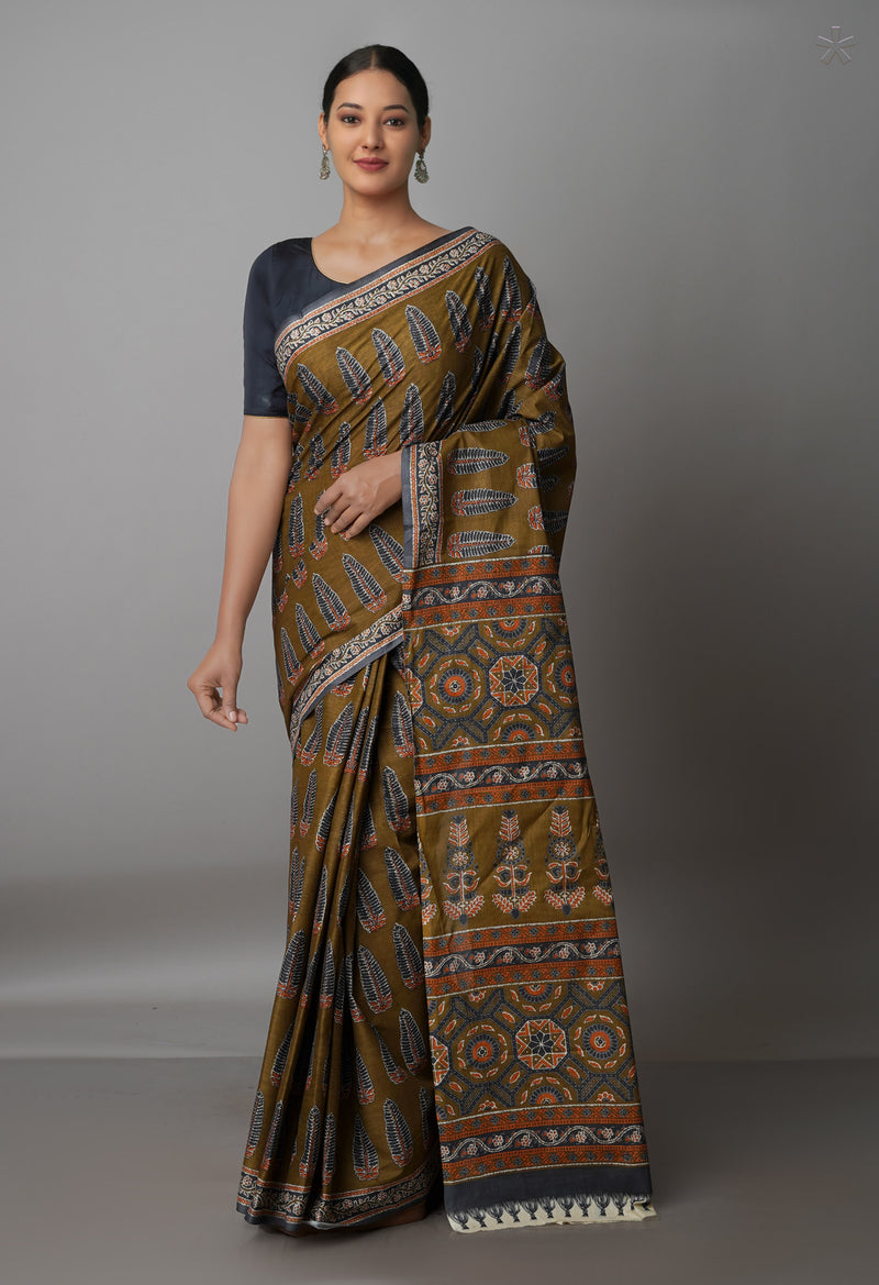 Brown Pure Block Printed Superfine Krisha Cotton Saree-UNM61722