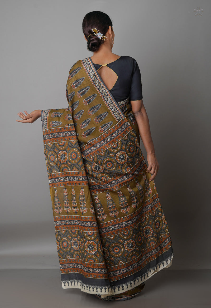 Brown Pure Block Printed Superfine Krisha Cotton Saree-UNM61722