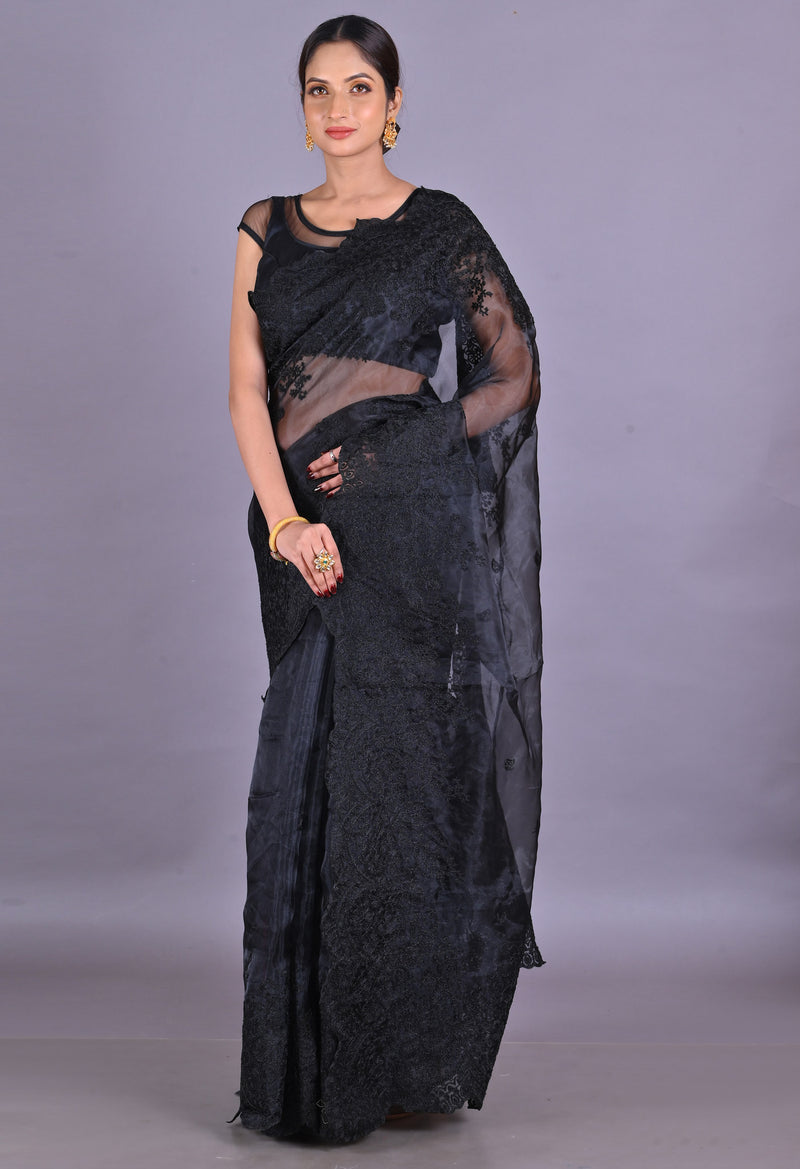 Black Pure Embroidery Organza Saree-UNM62496
