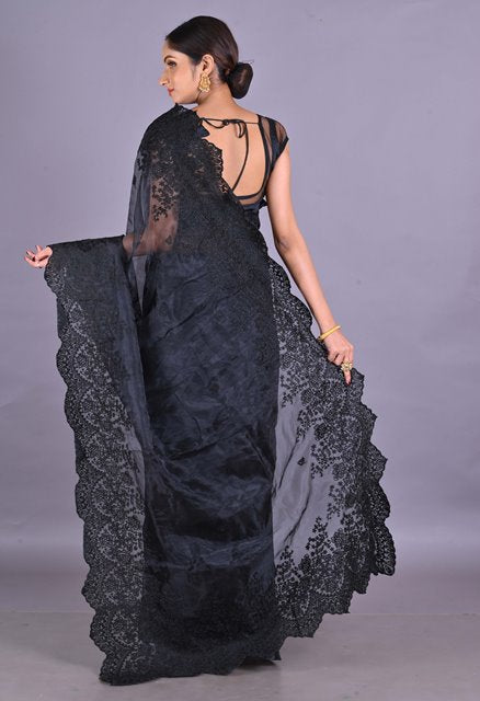 Black Pure Embroidery Organza Saree-UNM62496