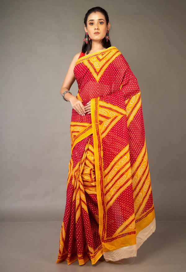 Red-Yellow Pure Kota With Bandhani Prints Cotton Saree-UNM62656
