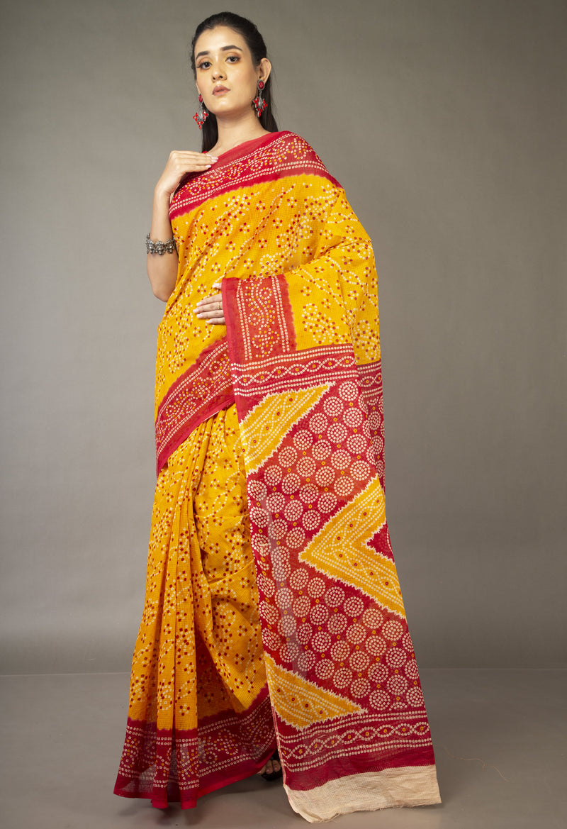 Yellow Pure Kota With Bandhni Prints Cotton Saree-UNM62676