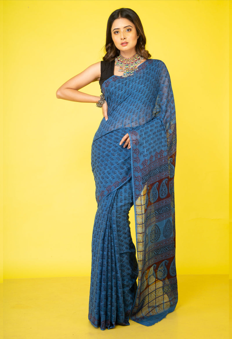 Blue Pure Bagh Maheshwari Cotton Saree-UNM62881