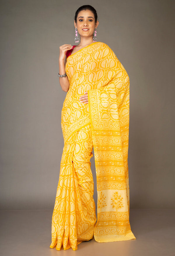 Yellow Pure Block Printed Superfine Mulmul Cotton Saree-UNM64454