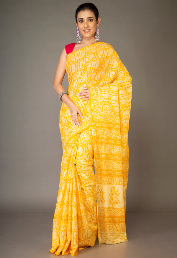 Yellow Pure Block Printed Superfine Mulmul Cotton Saree-UNM64454