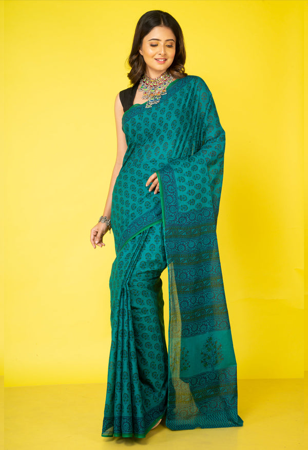 Green Pure Block Printed Superfine Mulmul Cotton Saree-UNM64483