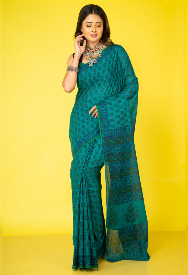 Green Pure Block Printed Superfine Mulmul Cotton Saree-UNM64483