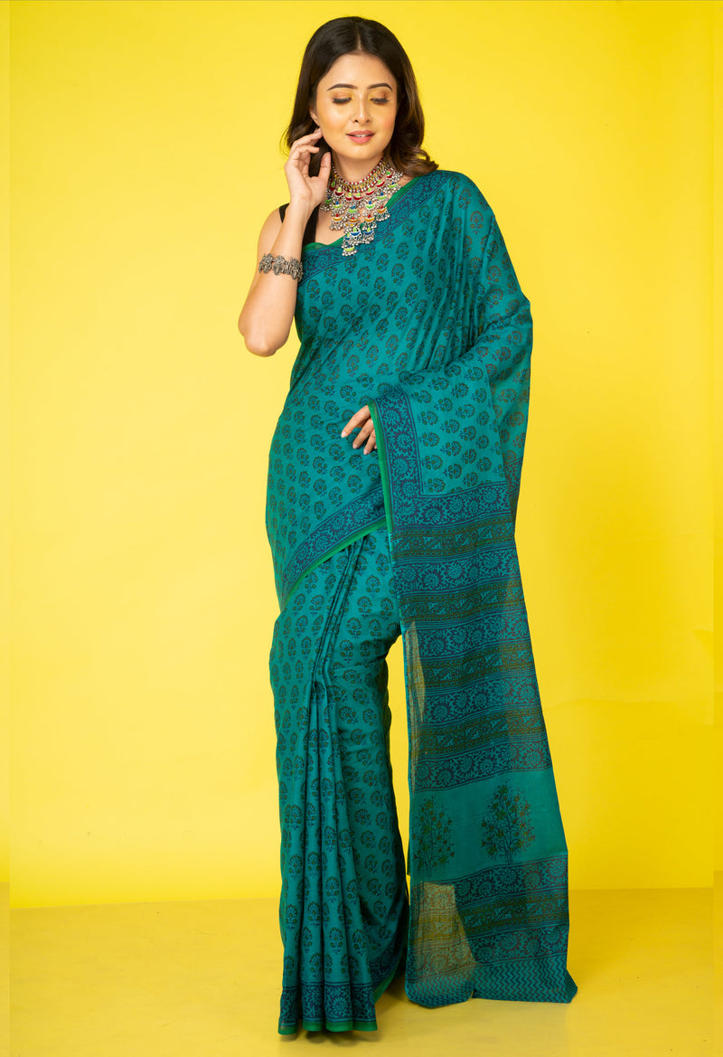 Green Pure Block Printed Superfine Mulmul Cotton Saree-UNM64483