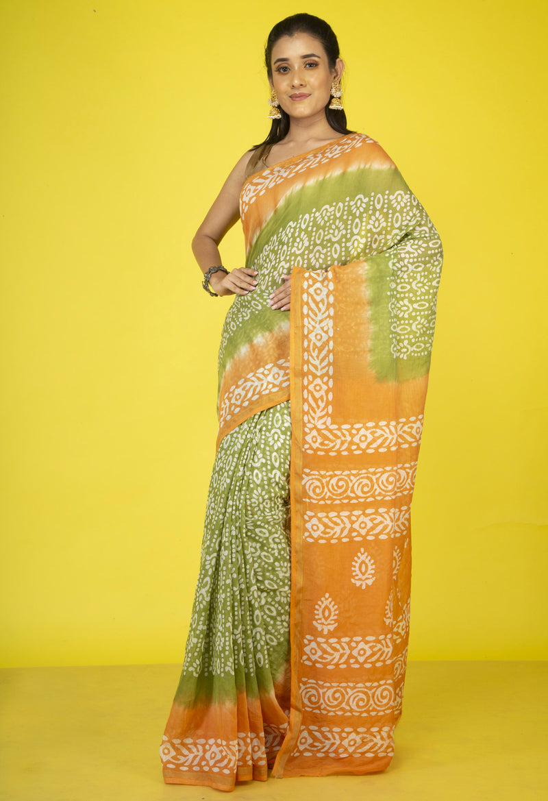 Green-Orange Pure Batik Cotton Saree-UNM64493