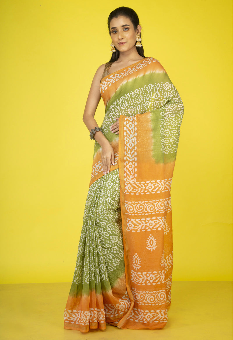 Green-Orange Pure Batik Cotton Saree-UNM64493
