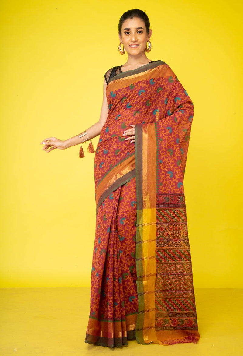 Pink-Green Pure Hand Block Printed Cotton Saree