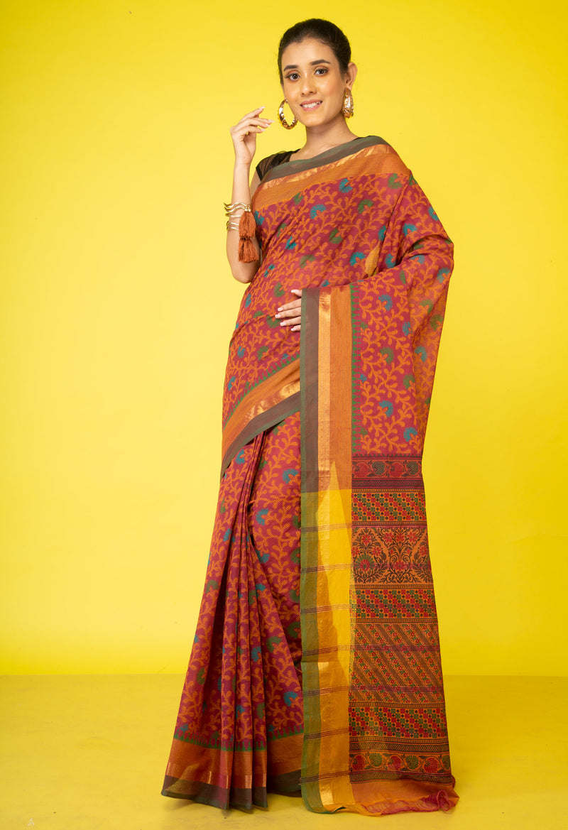 Pink-Green Pure Hand Block Printed Cotton Saree
