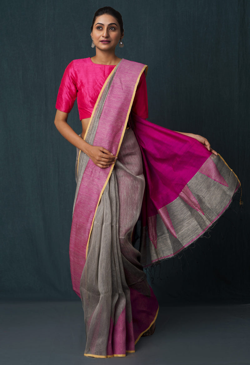 Grey Pure Handloom Dhakai Jamdhani Sico Saree-UNM65179