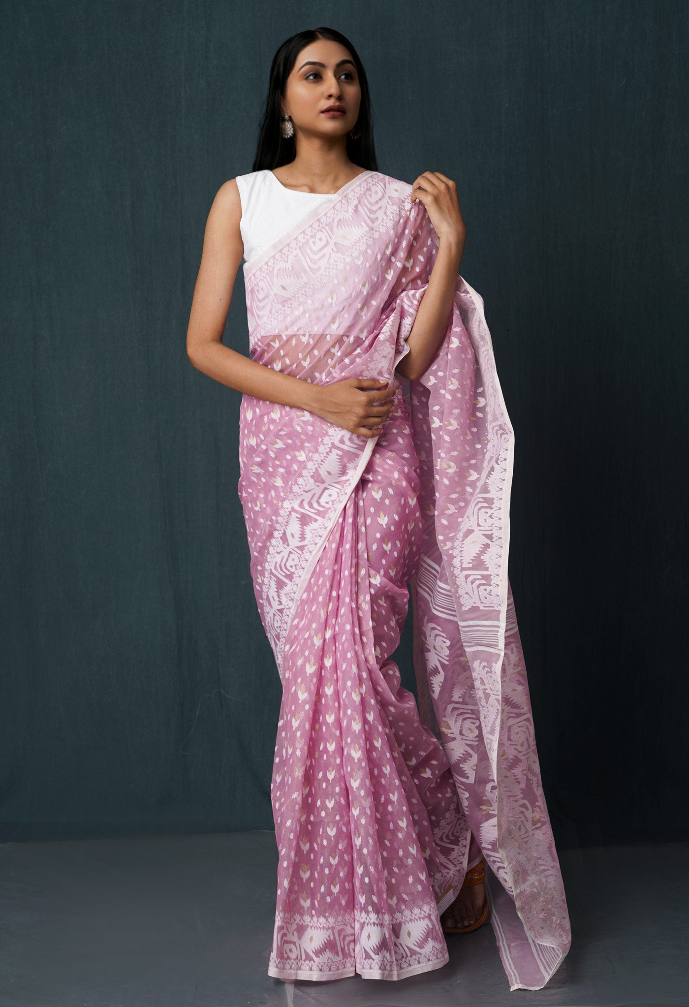 Pink Pure Handloom Dhakai Jamdhani Cotton Saree-UNM65195