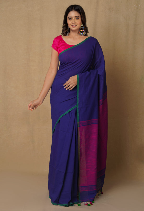Navy Blue-Pink Pure  Cotton Linen Saree With Tassels-UNM65228