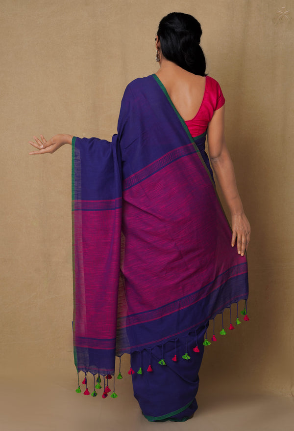 Navy Blue-Pink Pure  Cotton Linen Saree With Tassels-UNM65228