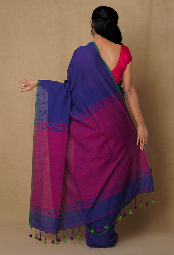 Navy Blue-Pink Pure  Cotton LinenSaree With Tassels-UNM65229