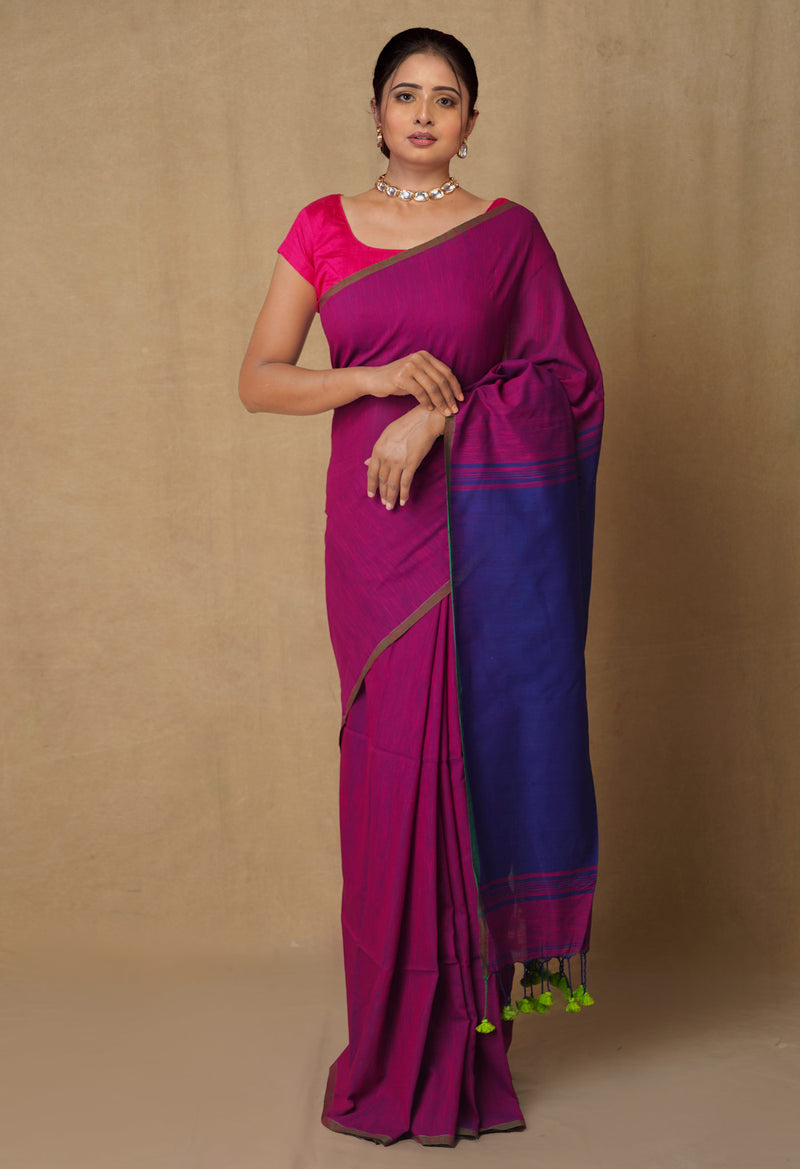 Pink-Navy Blue Pure  Cotton Linen Saree With Tassels-UNM65230